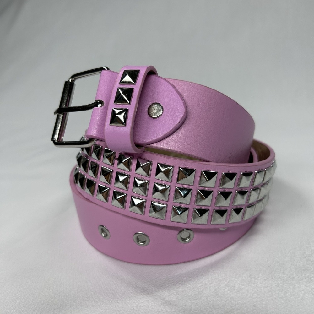 Pink Faux Leather Studded Belt 3 Row Silver Pyramid Studs Punk‎ Emo NWOT